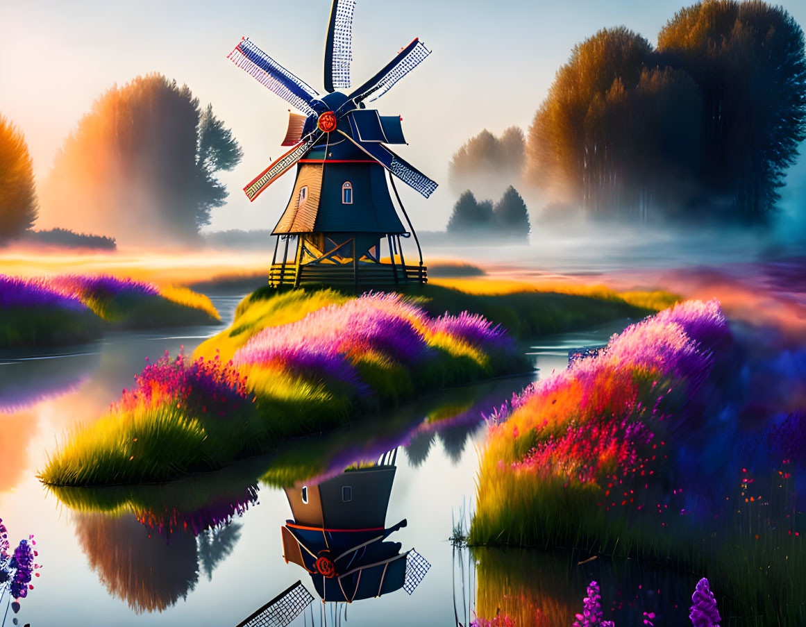 Traditional windmill by calm river with blooming flowers and misty trees at dawn or dusk