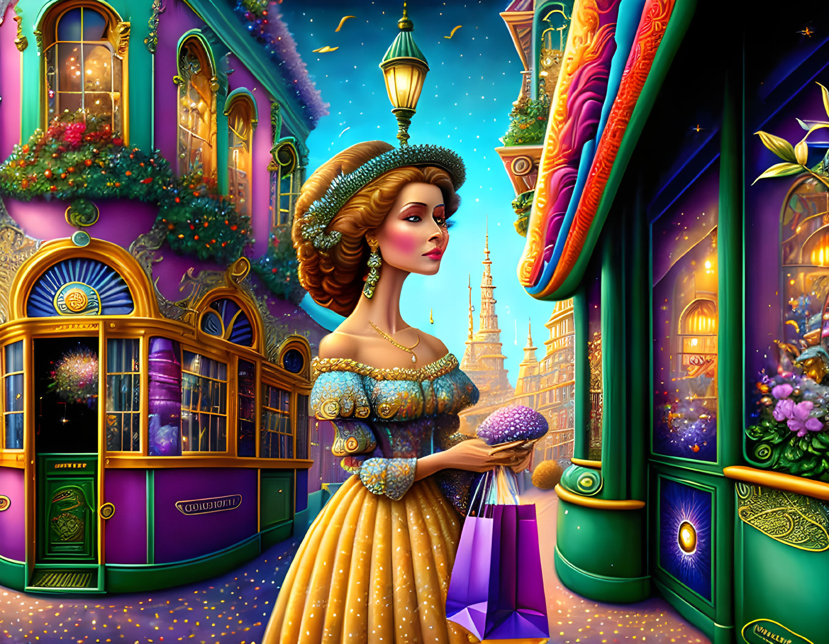 Historically dressed woman with shopping bags in vibrant city street at twilight