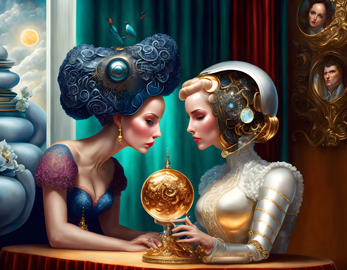 Two women with futuristic hairstyles and a golden sphere in surreal setting.