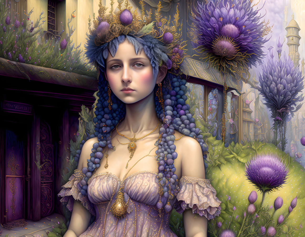Digital artwork: Woman in grape-themed attire in mystical garden