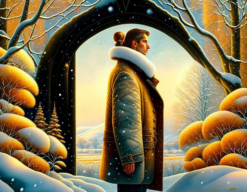 Person in winter coat gazes at snowy landscape through open gate