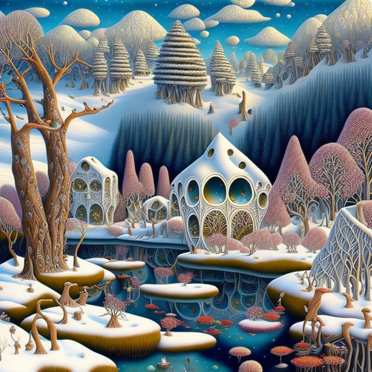 Stylized winter landscape with snow-covered trees, houses, deer, swans, and frozen river