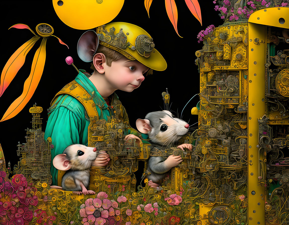 Whimsical digital art: Boy, mice, mechanical elements, vibrant flowers