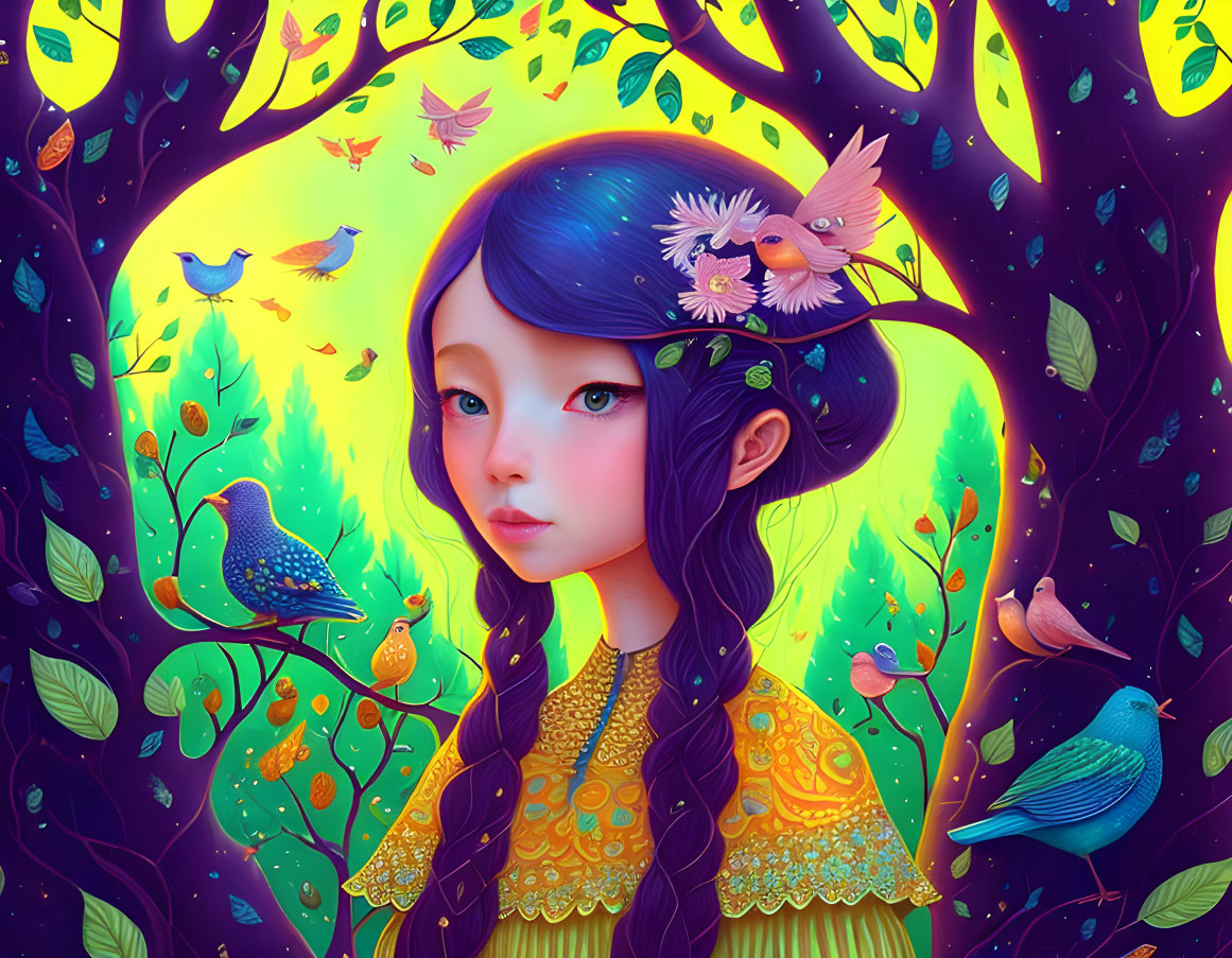 Vibrant illustration of girl with blue hair and yellow dress among birds and foliage