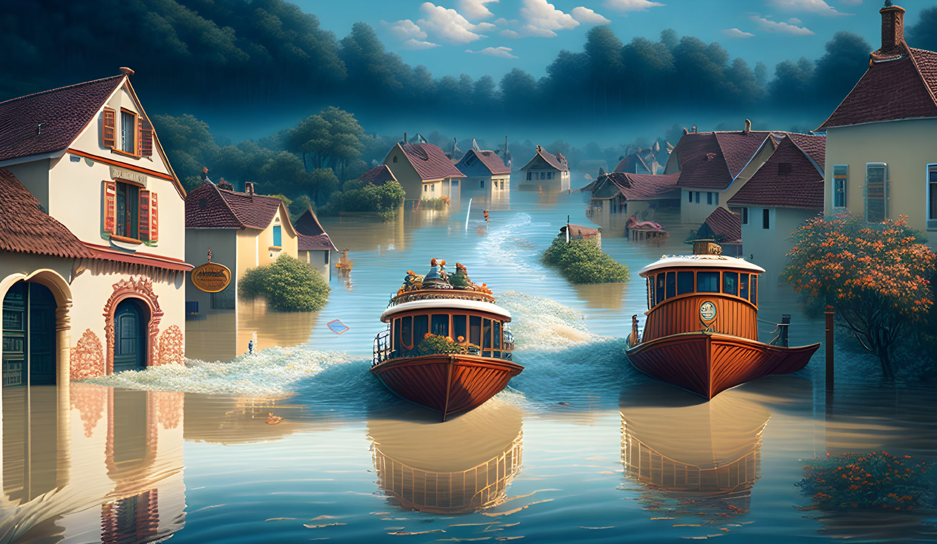 Flooded Village with Boats and Picturesque Houses under Warm Sky