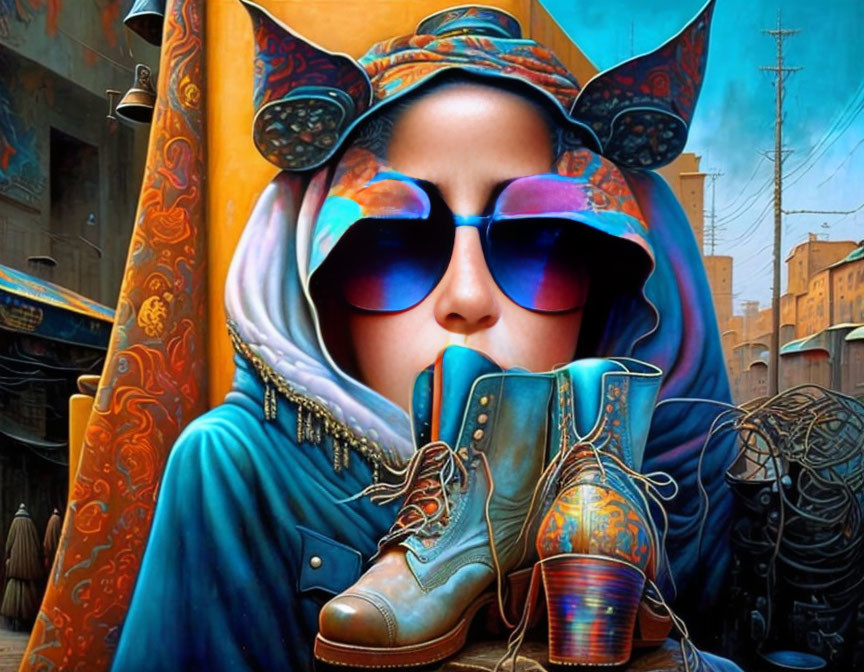 Vibrant art: person in sunglasses with headscarf holding boots in street scene