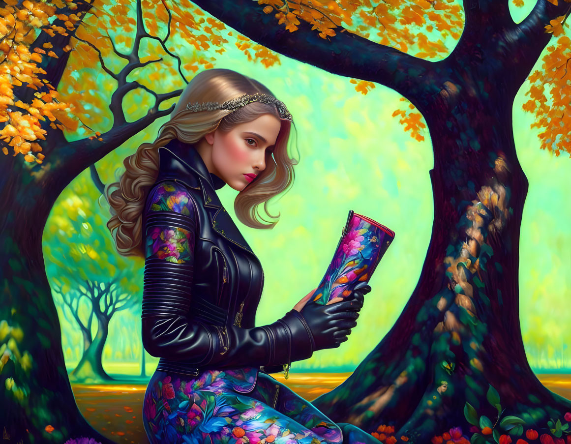 Woman in Floral Dress and Leather Jacket Holding Scroll in Autumn Woodland