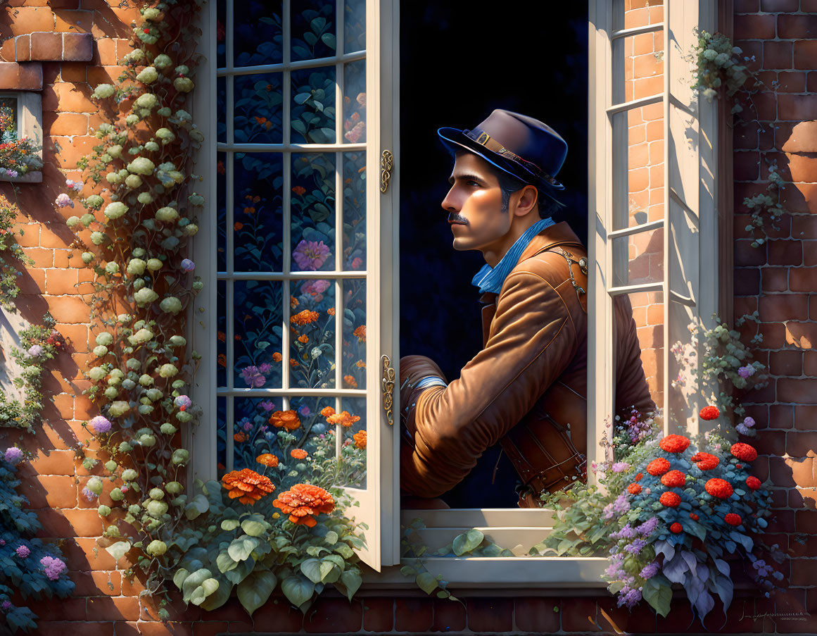 Man in hat and leather jacket leaning out window with ivy and flowers on sunny day