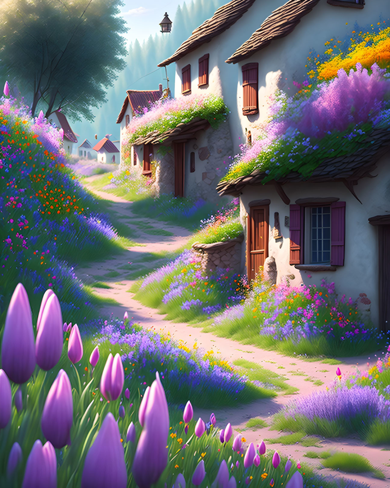 Quaint village with colorful houses and lush greenery