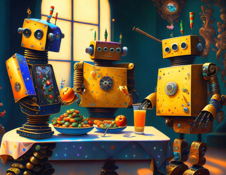 Colorful Robots in Dinner Scene with Food and Drinks