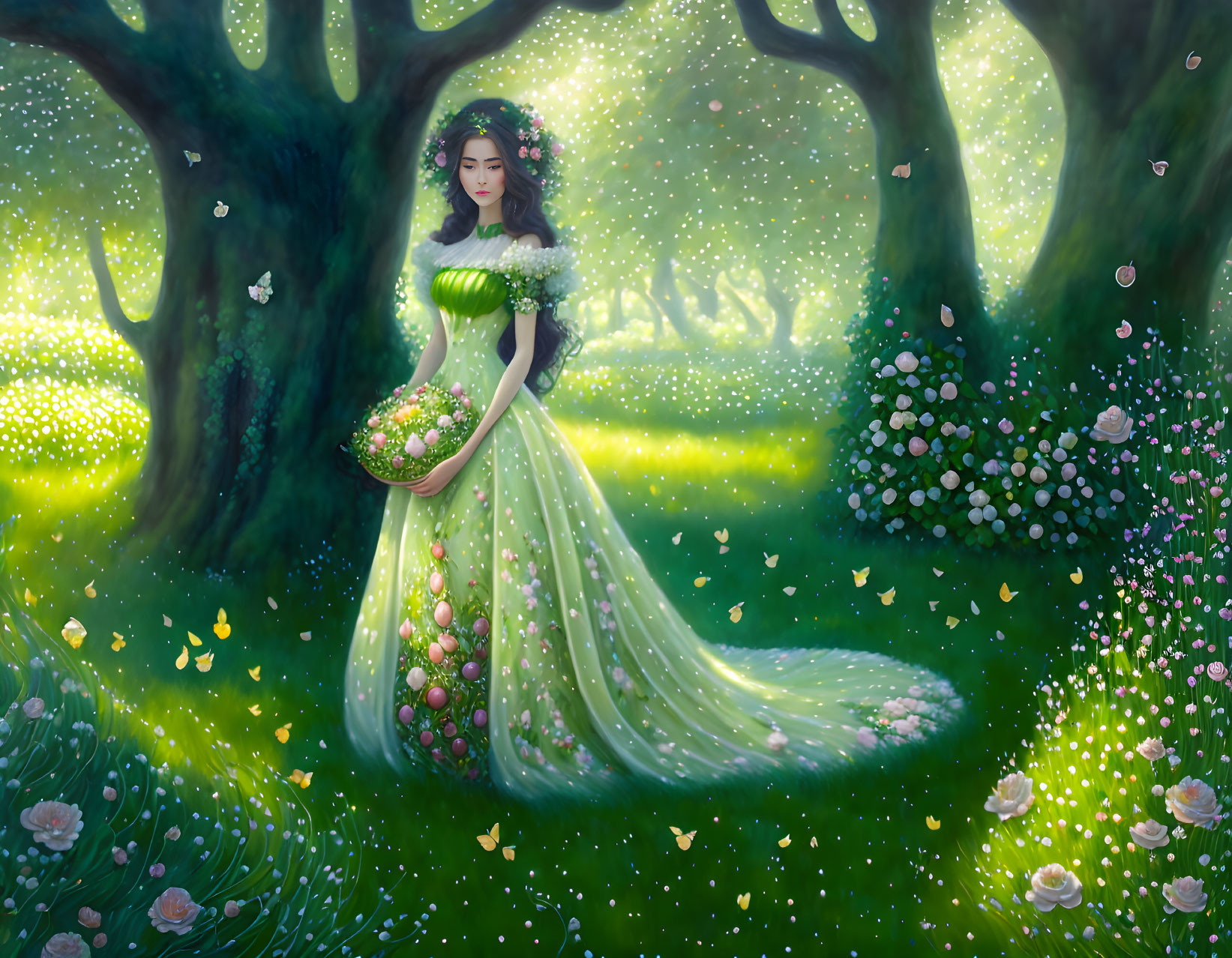 Woman in Green Gown Stands in Magical Forest