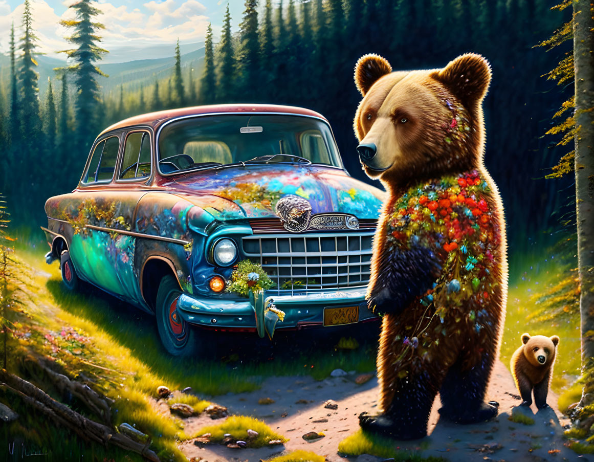 Colorful Bear and Cub with Classic Car in Sunlit Forest Clearing