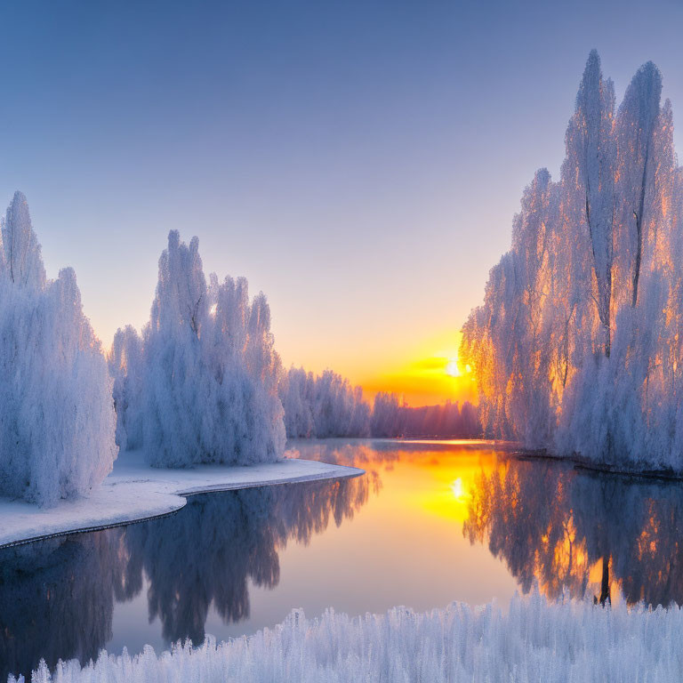 Tranquil winter sunset over frosty trees and river