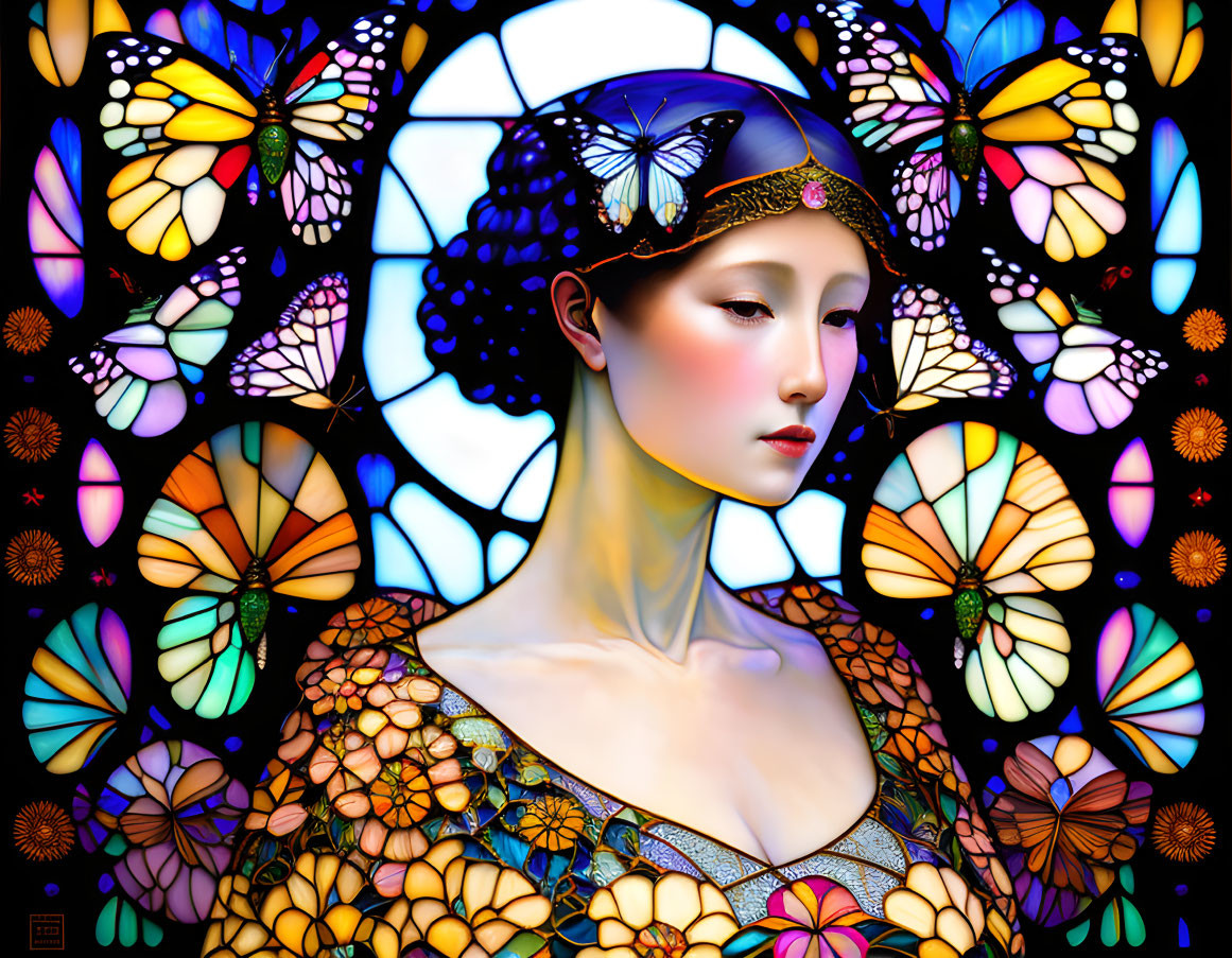 Colorful Digital Artwork: Woman Surrounded by Butterfly Stained Glass Halo