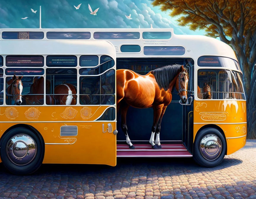 Colorful painting of two horses in a yellow bus doorway under a blue sky