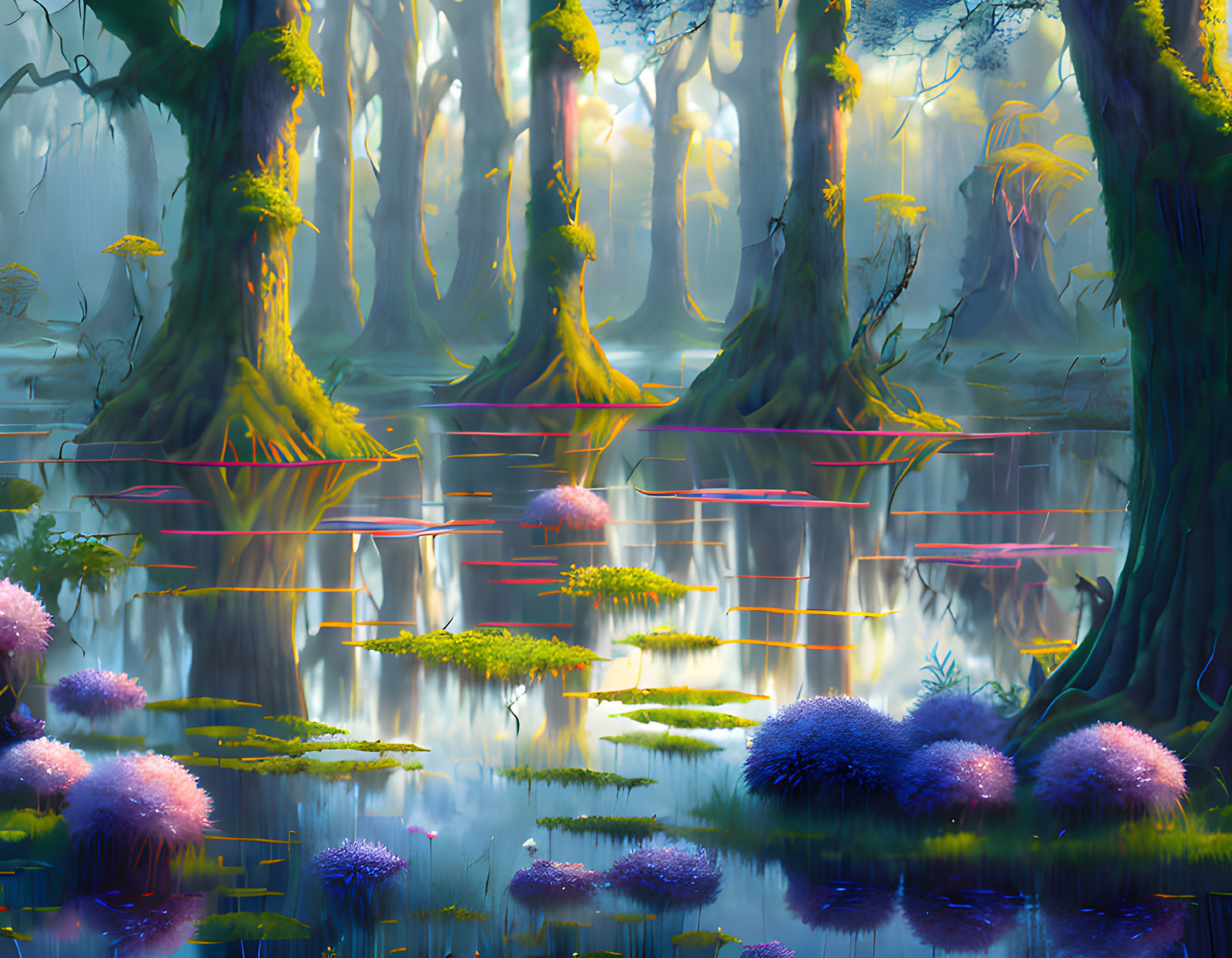 Ethereal swamp with luminescent plants, misty waters, and vibrant purple flora