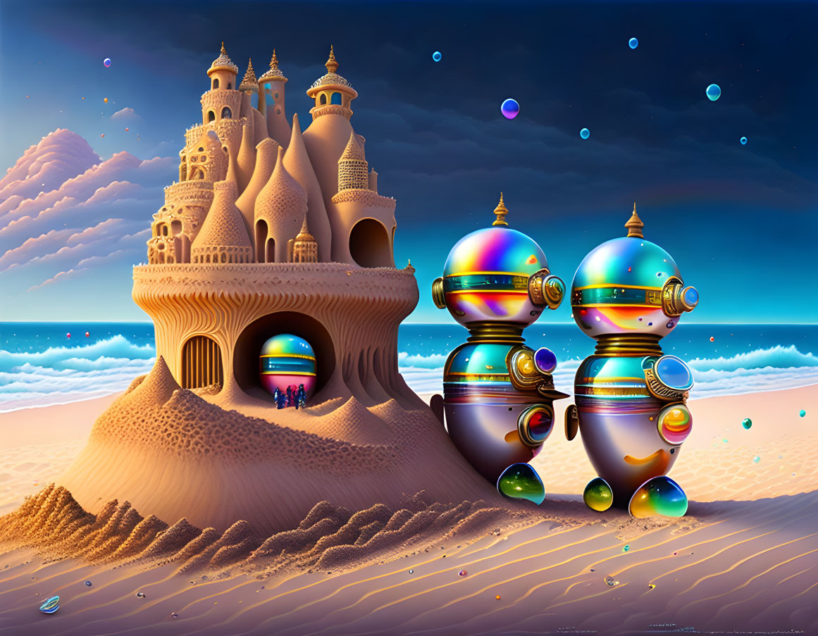 Whimsical digital art: large sandcastle, colorful robots on beach