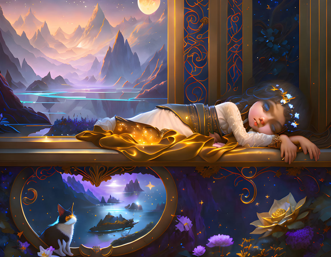 Child Sleeping on Balcony with Cat in Mystical Mountain Night Landscape