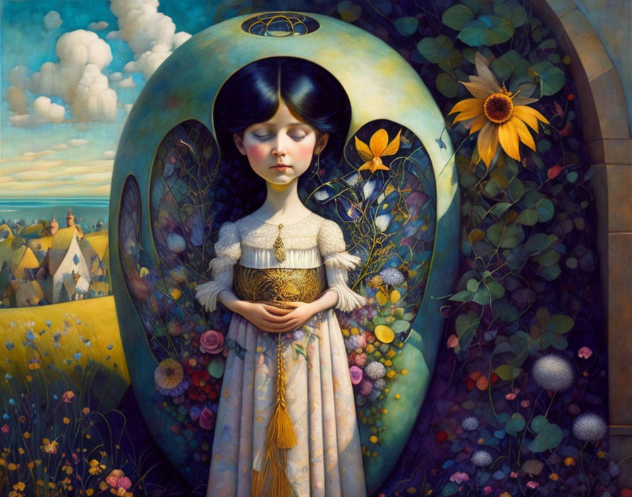 Young girl with closed eyes holding golden vessel in surreal countryside scene