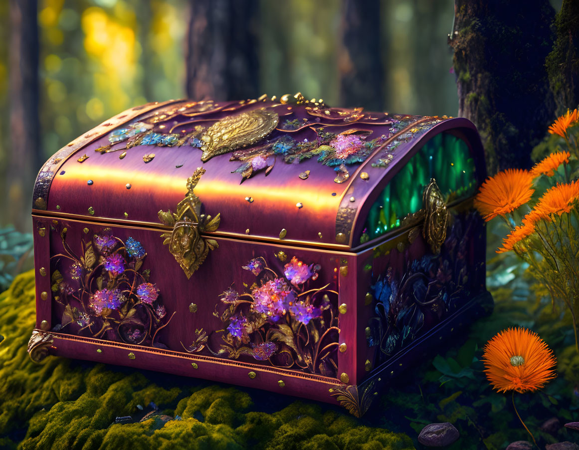 Decorated treasure chest in mystical forest with glowing flowers and gold accents