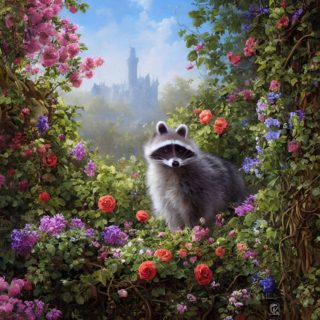 Raccoon in colorful rose garden with misty castle and dense woodland