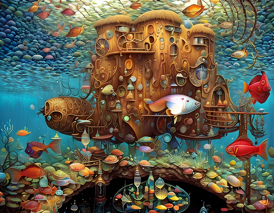 Colorful Fish Swimming Around Whimsical Underwater Treehouse