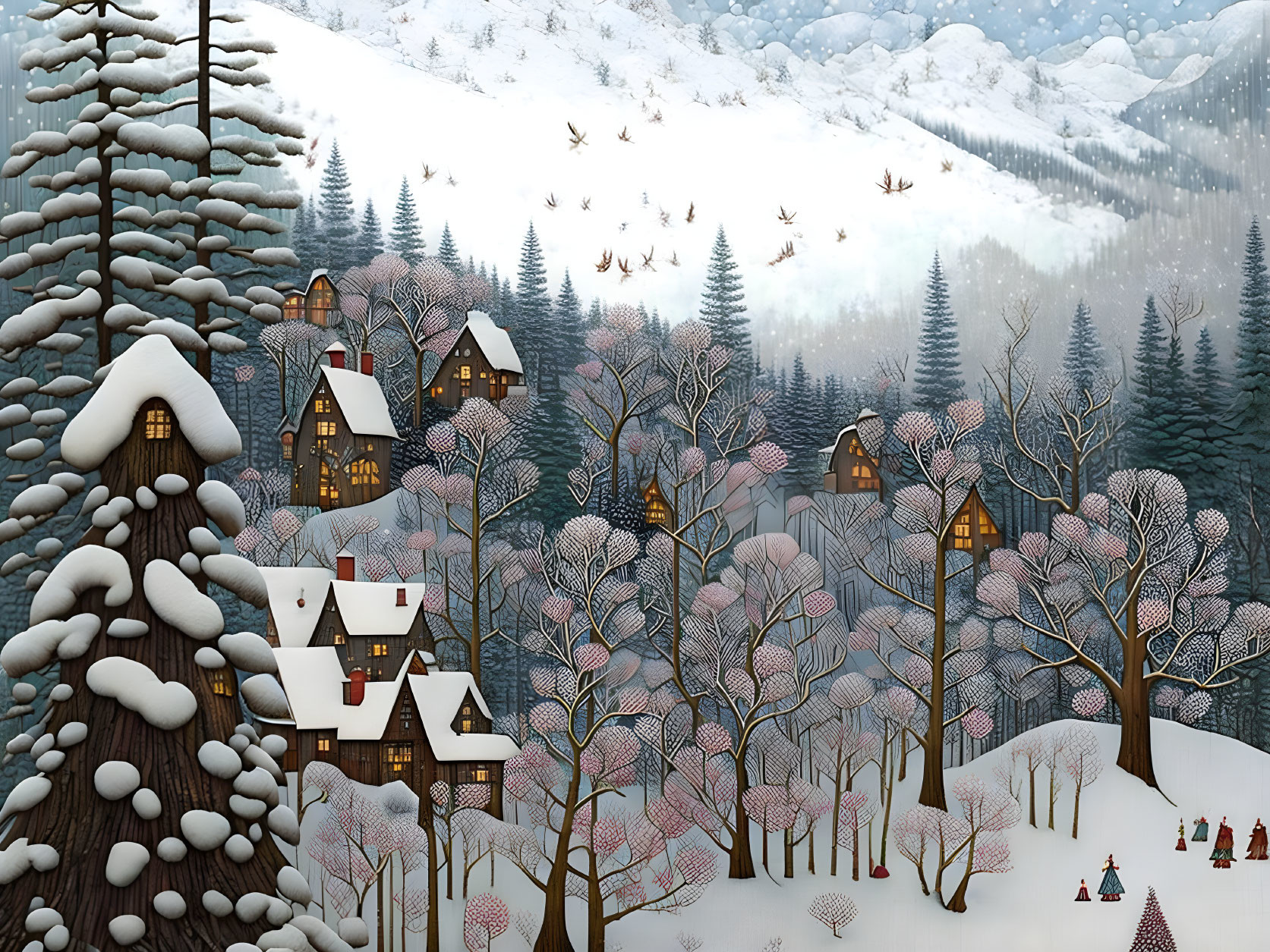 Snow-covered cottages and forest in serene winter scene