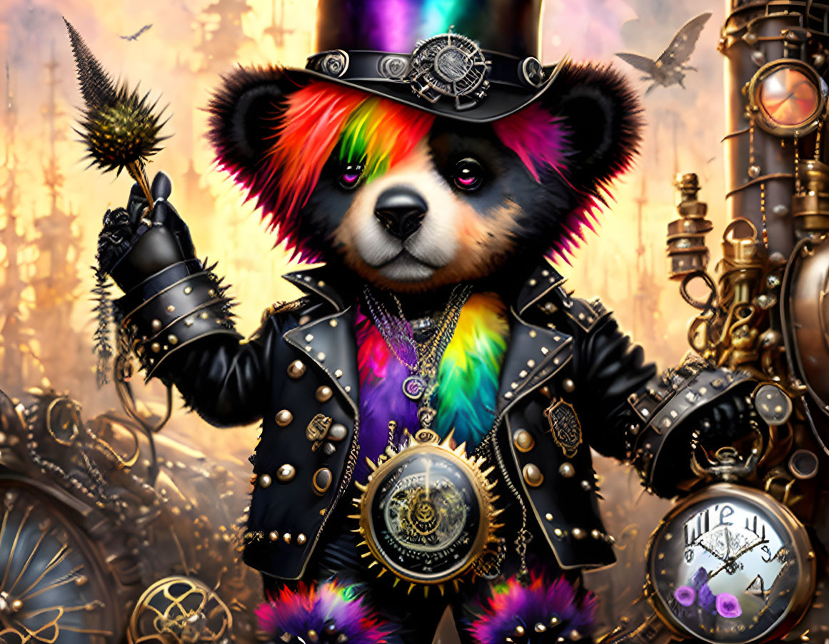 Colorful steampunk-themed panda illustration with rainbow fur and mace in detailed outfit