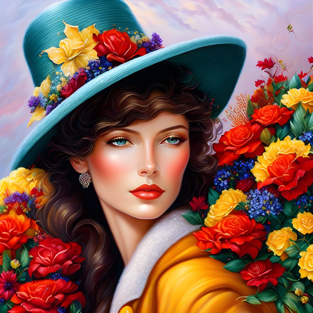 Detailed illustration of woman with wavy hair in turquoise hat with colorful flowers, set against vibrant floral backdrop