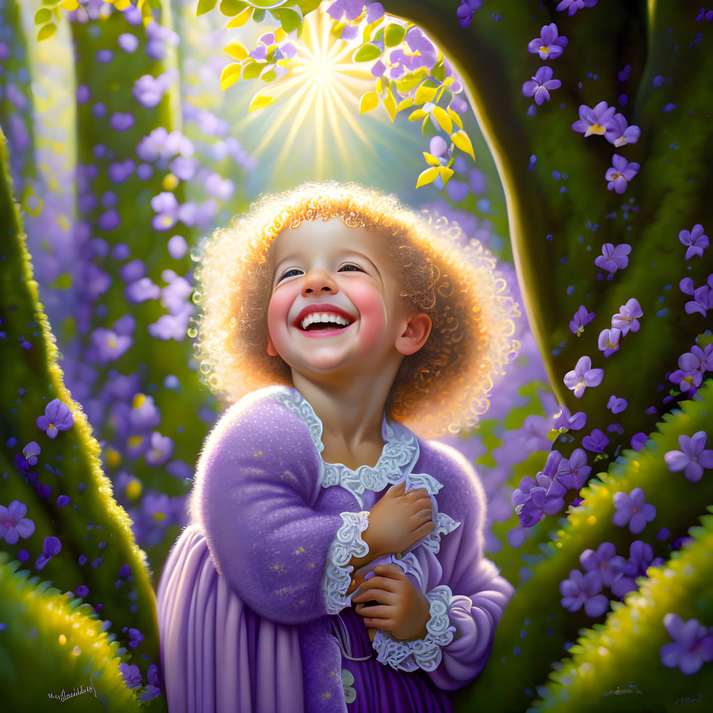 Curly-Haired Child Smiling Among Purple Flowers