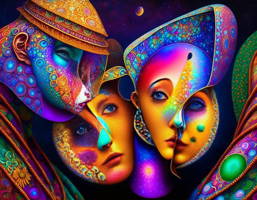 Abstract digital artwork: Colorful faces on cosmic background