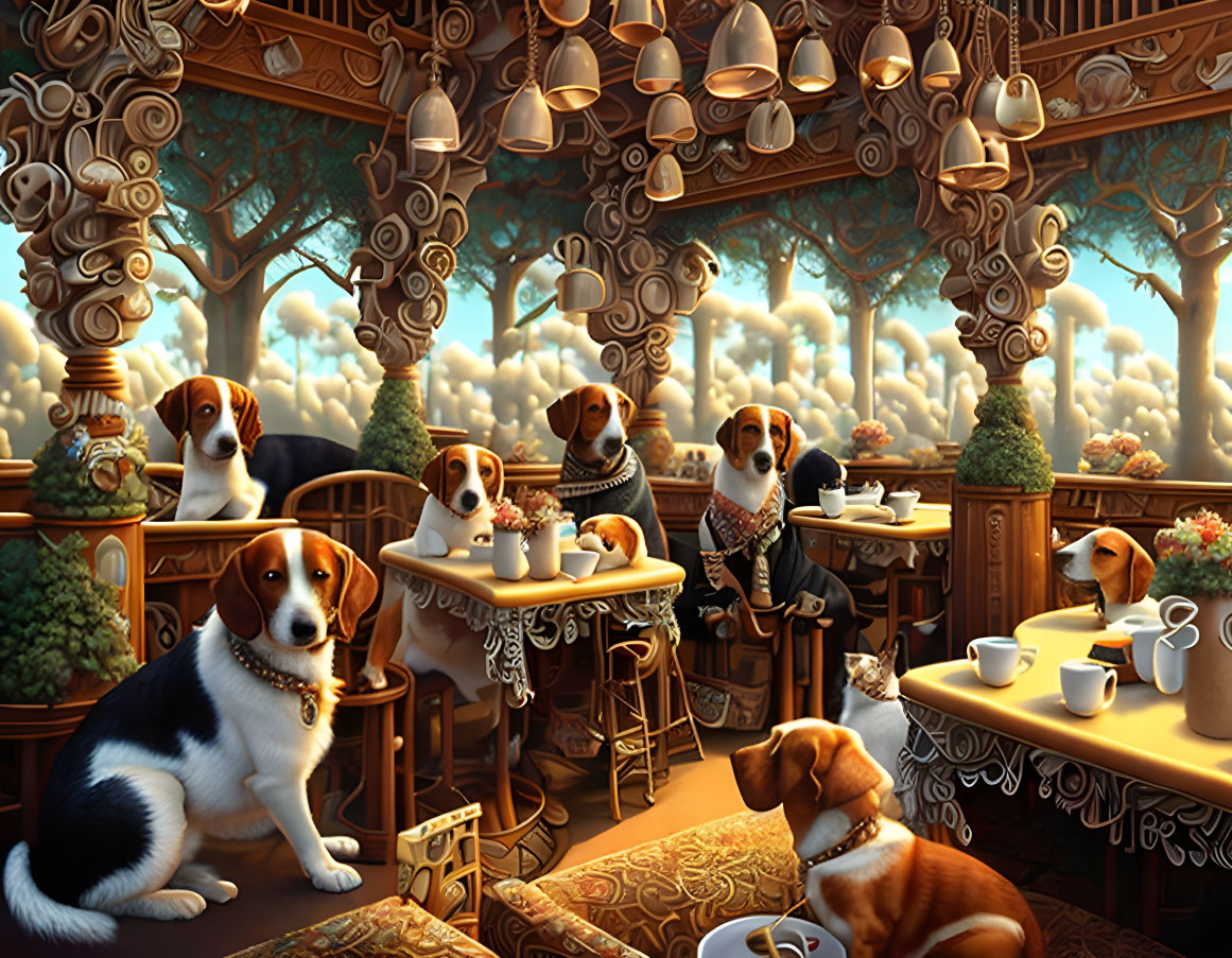 Charming Cafe Scene with Beagles and Woodwork