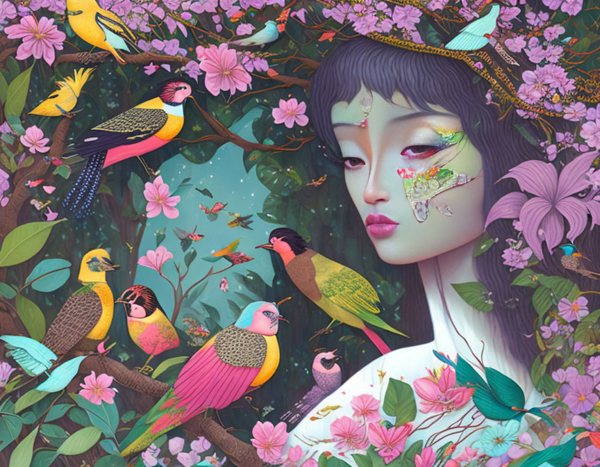 Colorful Birds and Lush Flora Surround Serene Female Figure