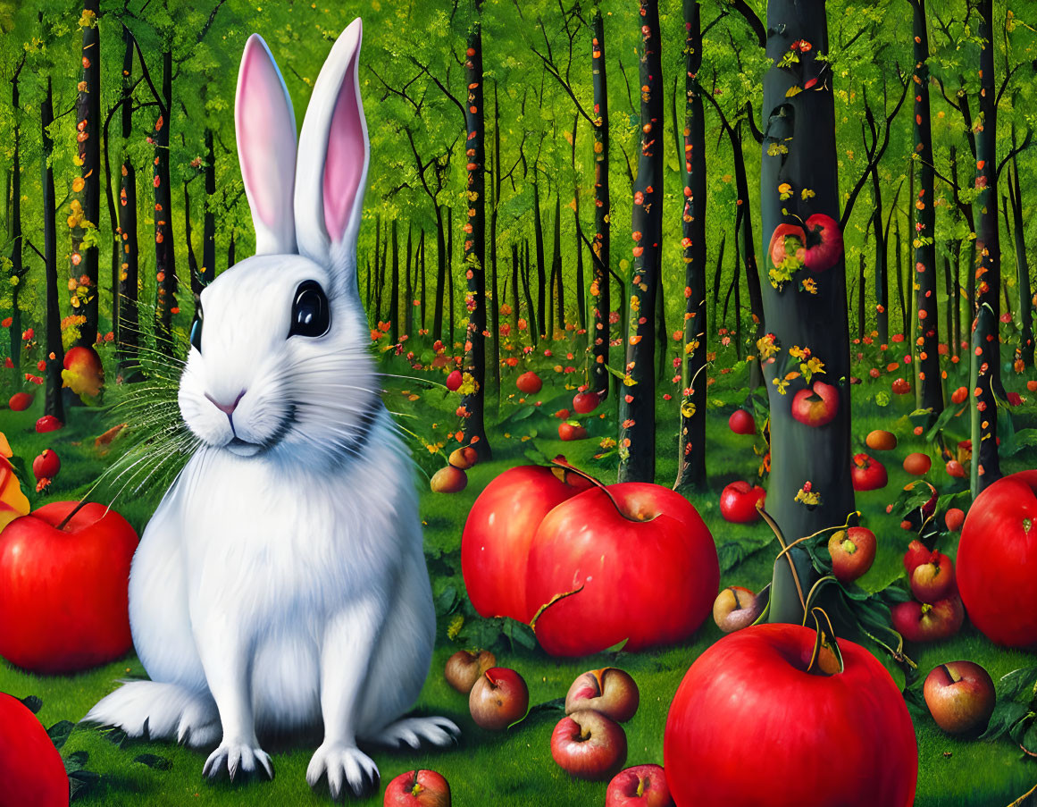 White Rabbit Among Red Apples in Green Forest