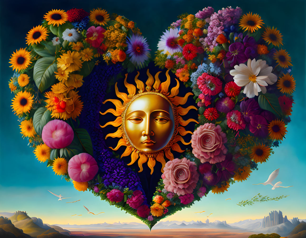 Colorful Heart-Shaped Flower Arrangement with Golden Sun Face in Scenic Landscape