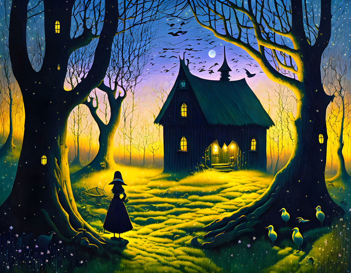 Illustration of person at glowing cottage in twilight forest with ducks and bats.