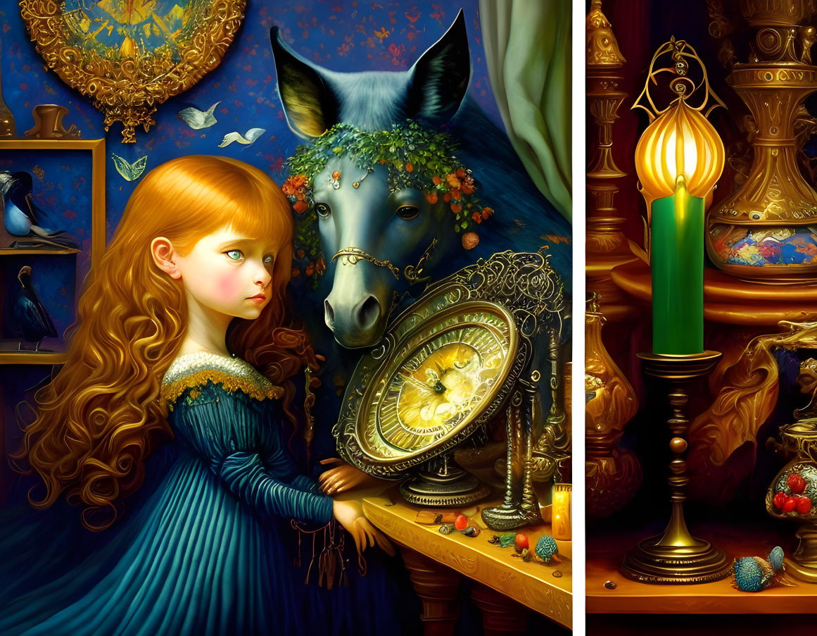 Red-haired girl in blue dress with horse and golden clock in rich, vibrant scene