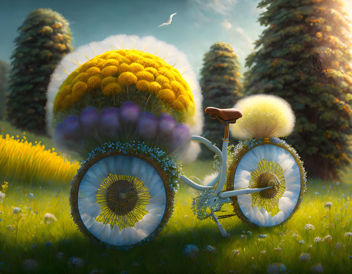 Colorful Bicycle with Dandelion Wheels in Sunny Meadow