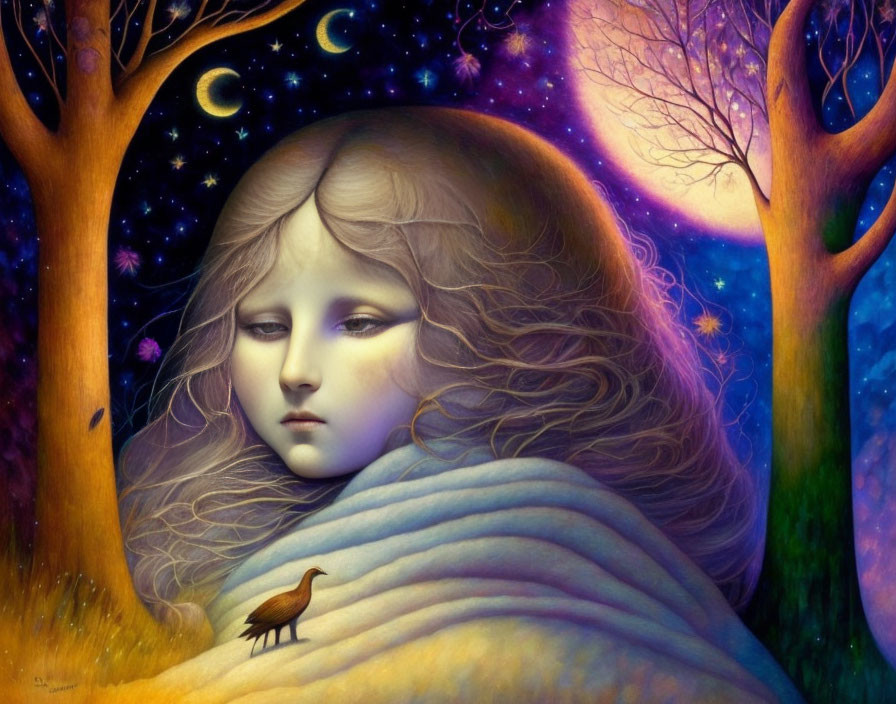 Surreal artwork: girl's face merges with twilight forest, vibrant trees, stars, small bird