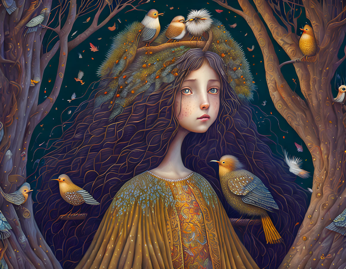 Woman with Long, Wavy Hair in Nature Setting with Birds and Intricate Patterns