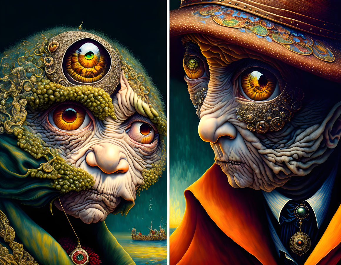 Detailed fantasy faces: one with tentacle textures and multiple eyes, the other with clockwork elements and