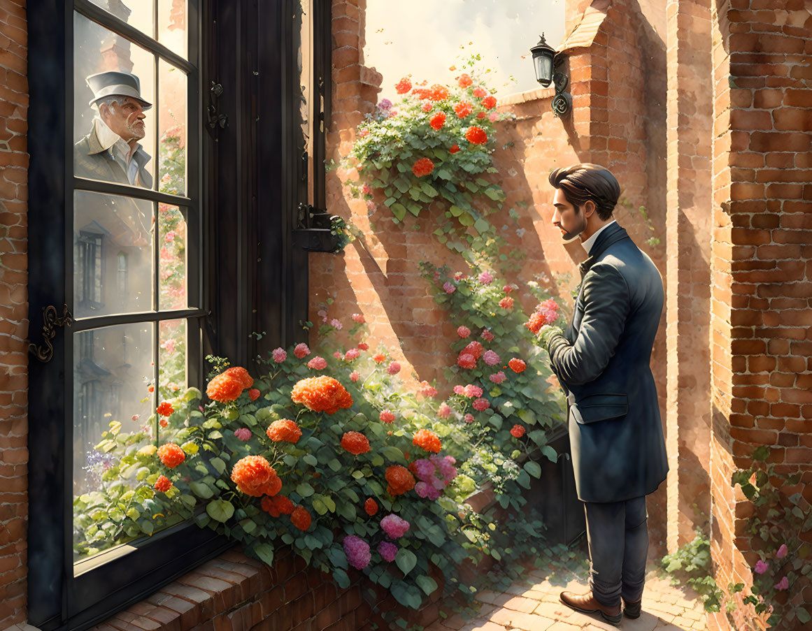 Man in vintage suit gazes at another man through window with vibrant flowers