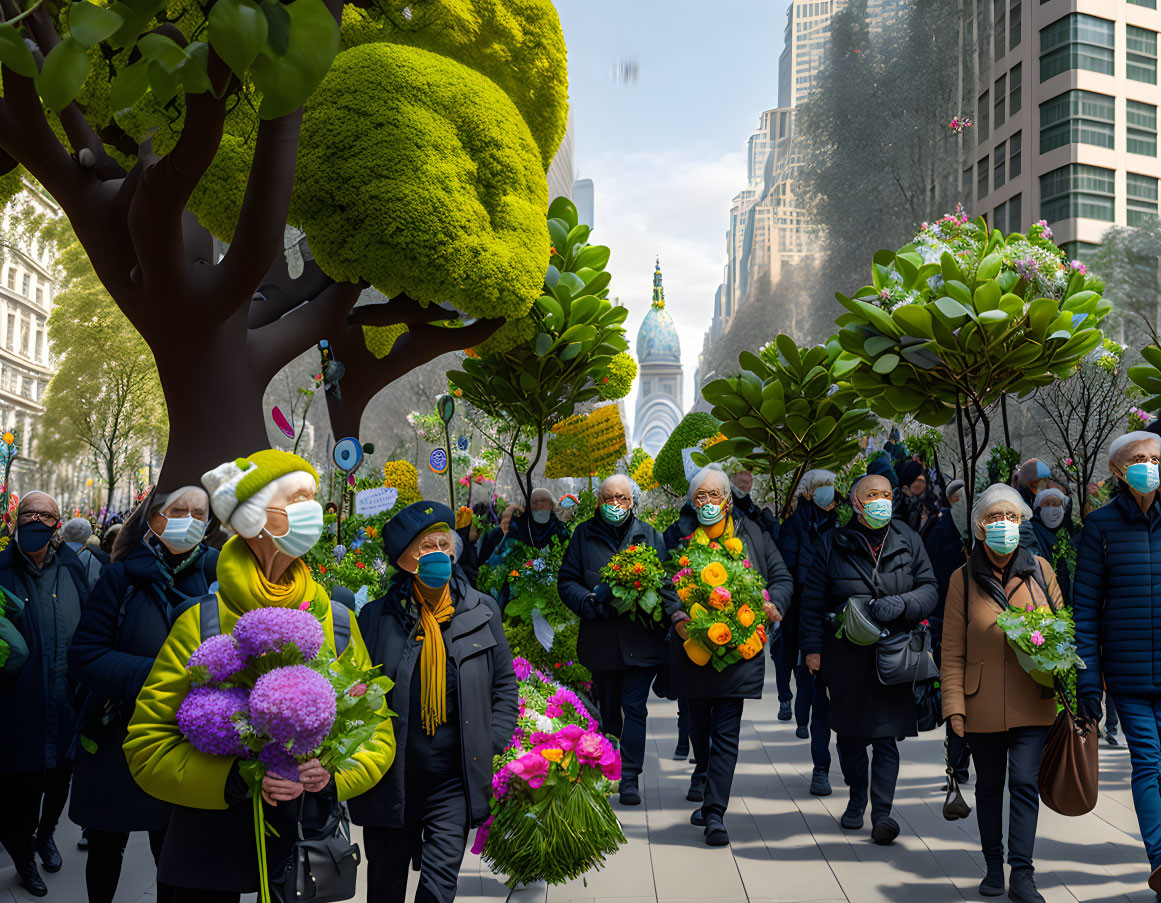 Colorful Bouquet-Wielding Group in Masks on Whimsical City Street