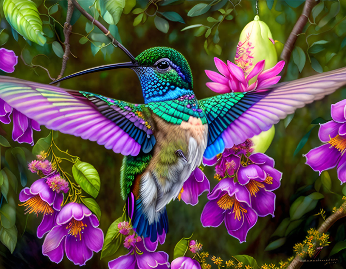 Colorful hummingbird near pink flowers in lush green setting