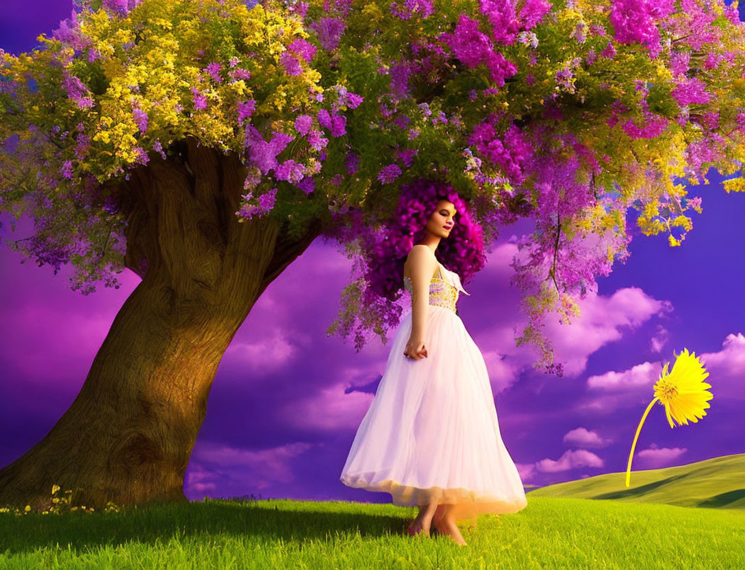 Woman in white dress under colorful tree on vibrant green hill with dandelion