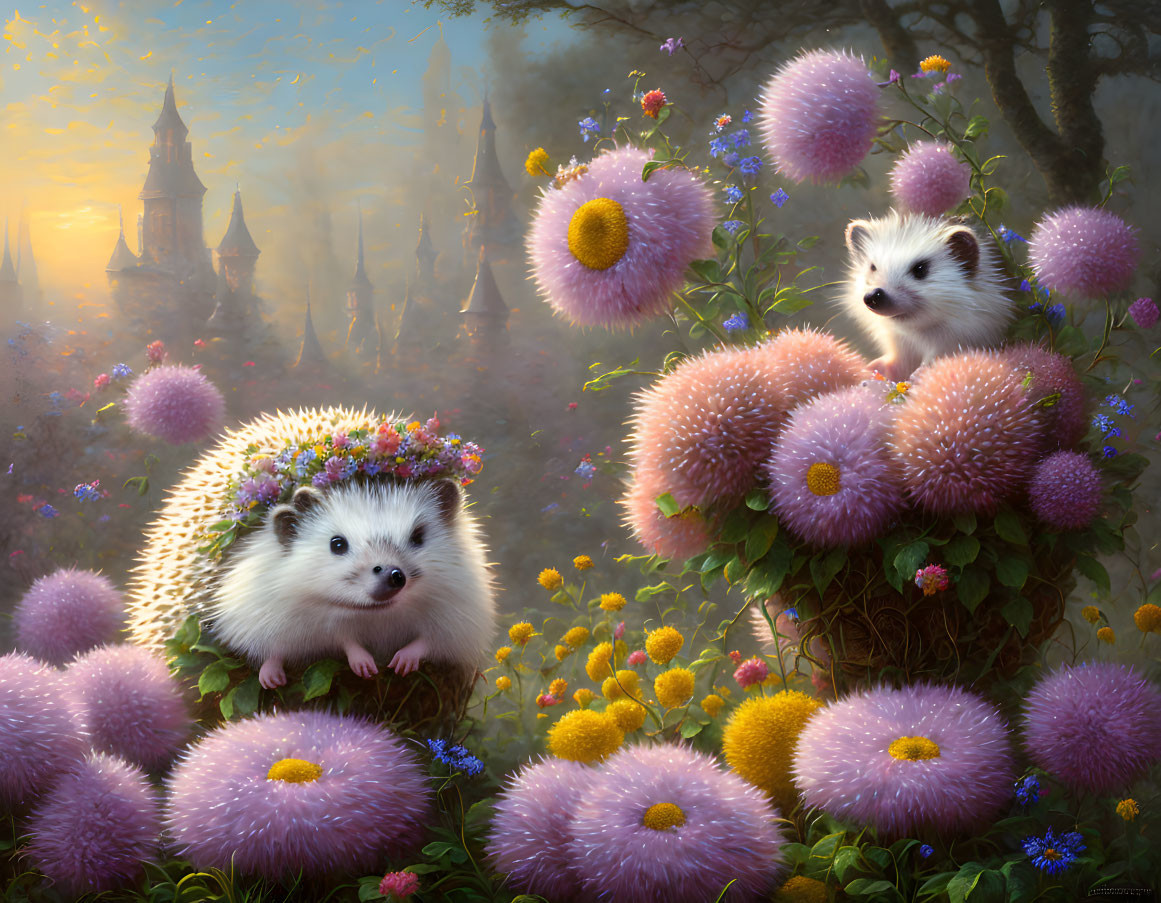 Fantasy illustration of a happy hedgehog in a vibrant floral setting with a misty castle.