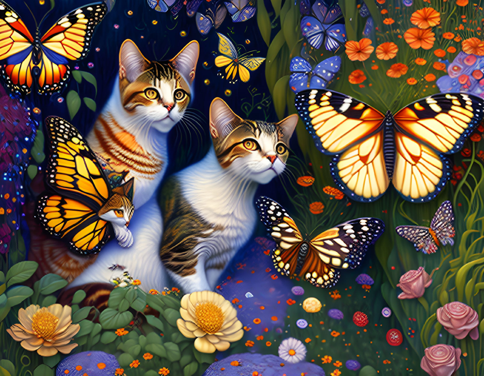 Colorful butterflies and vibrant flowers with two cats on dark, starry background