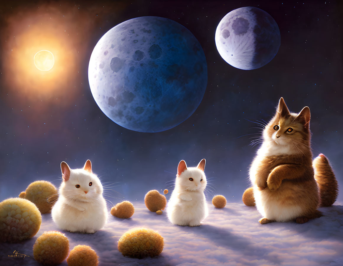 Fluffy cats in surreal landscape with moons and sun.