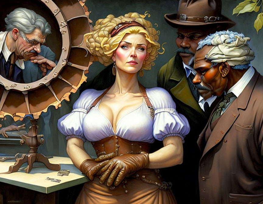 Steampunk-themed illustration of woman and men in Victorian attire with gears backdrop