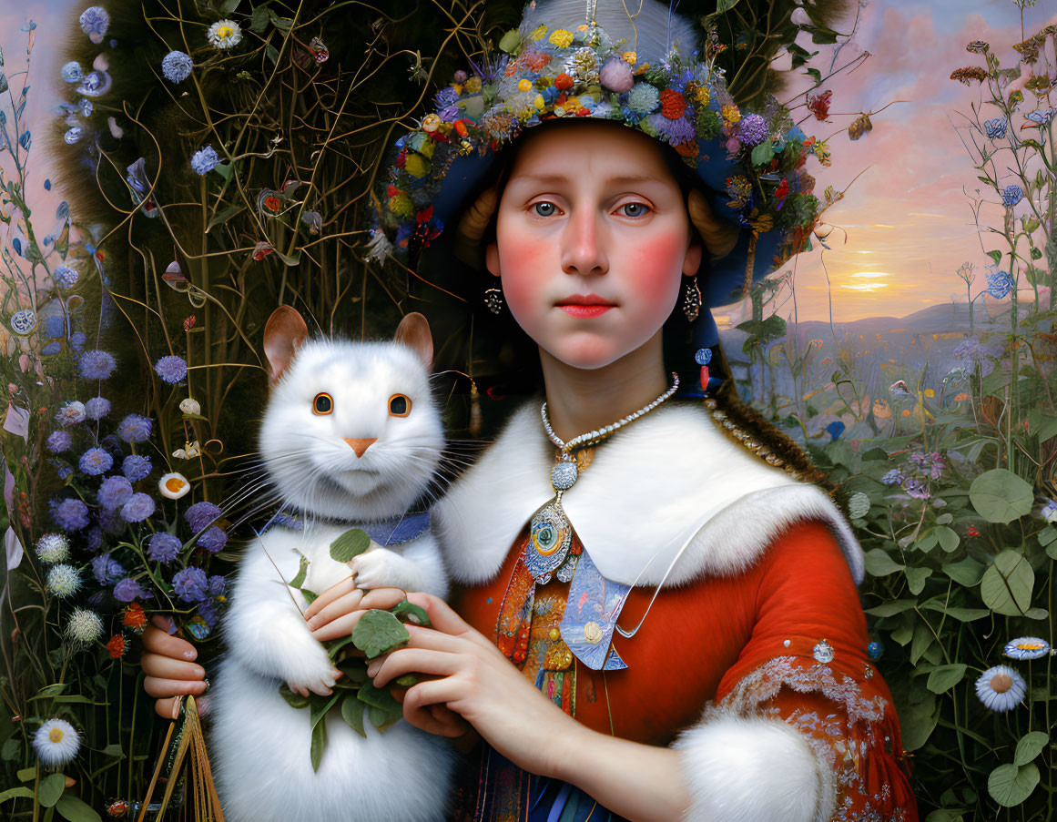 Young woman in floral hat with human-eyed cat against colorful sunset backdrop